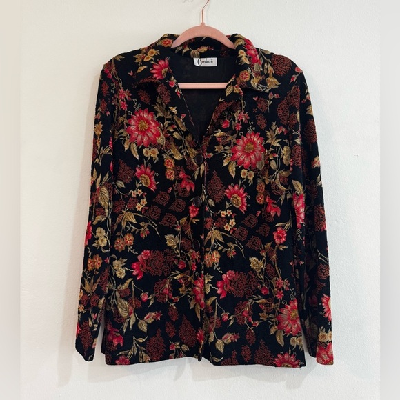 Floral Black and Red Button-Up Blouse. Vintage Carducci. 💐🌸 - Picture 1 of 11